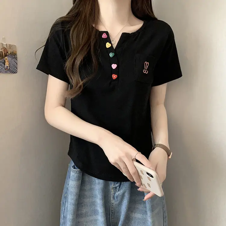 Plus Size Korean Style V Neck Right Shoulder Short-Sleeved T-Shirt for Women 2024 Summer New Fat mm Loose Short Top for Small People — feature 17