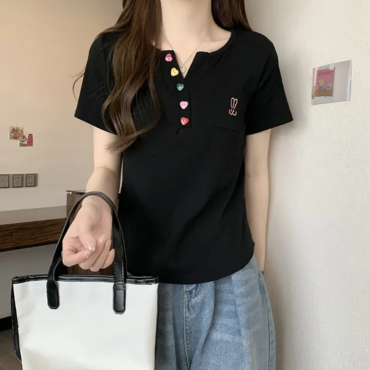 Plus Size Korean Style V Neck Right Shoulder Short-Sleeved T-Shirt for Women 2024 Summer New Fat mm Loose Short Top for Small People — feature 18