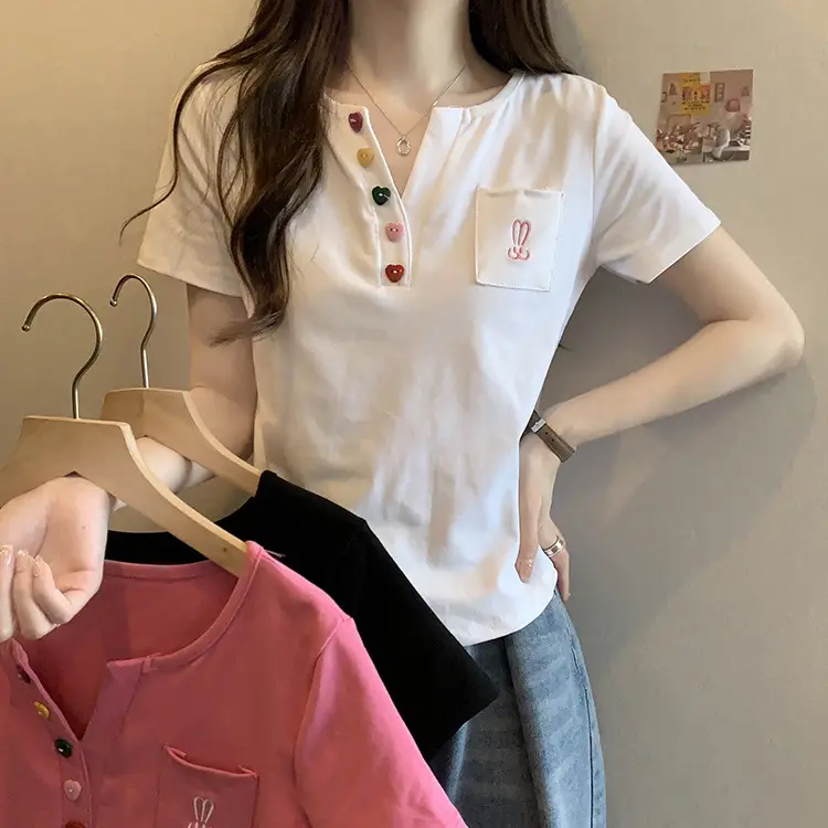Plus Size Korean Style V Neck Right Shoulder Short-Sleeved T-Shirt for Women 2024 Summer New Fat mm Loose Short Top for Small People — feature 2