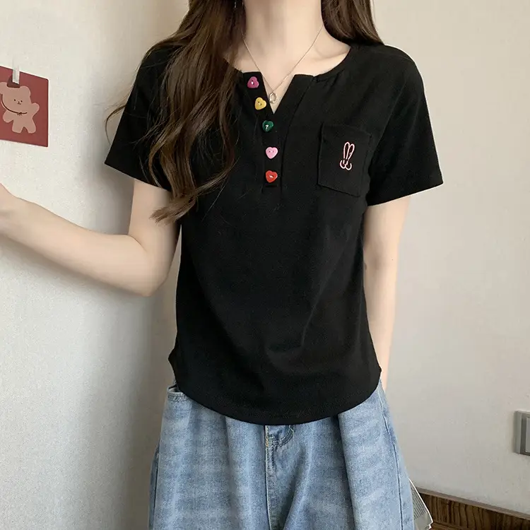Plus Size Korean Style V Neck Right Shoulder Short-Sleeved T-Shirt for Women 2024 Summer New Fat mm Loose Short Top for Small People — feature 20