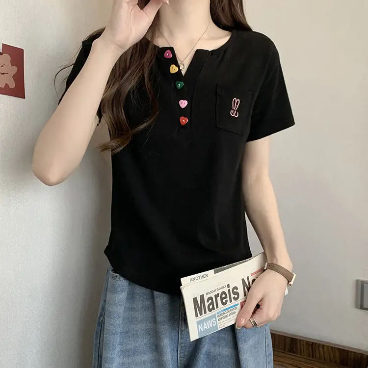 Plus Size Korean Style V Neck Right Shoulder Short-Sleeved T-Shirt for Women 2024 Summer New Fat mm Loose Short Top for Small People — feature 21