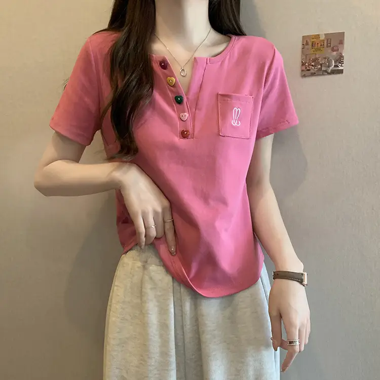 Plus Size Korean Style V Neck Right Shoulder Short-Sleeved T-Shirt for Women 2024 Summer New Fat mm Loose Short Top for Small People — feature 5