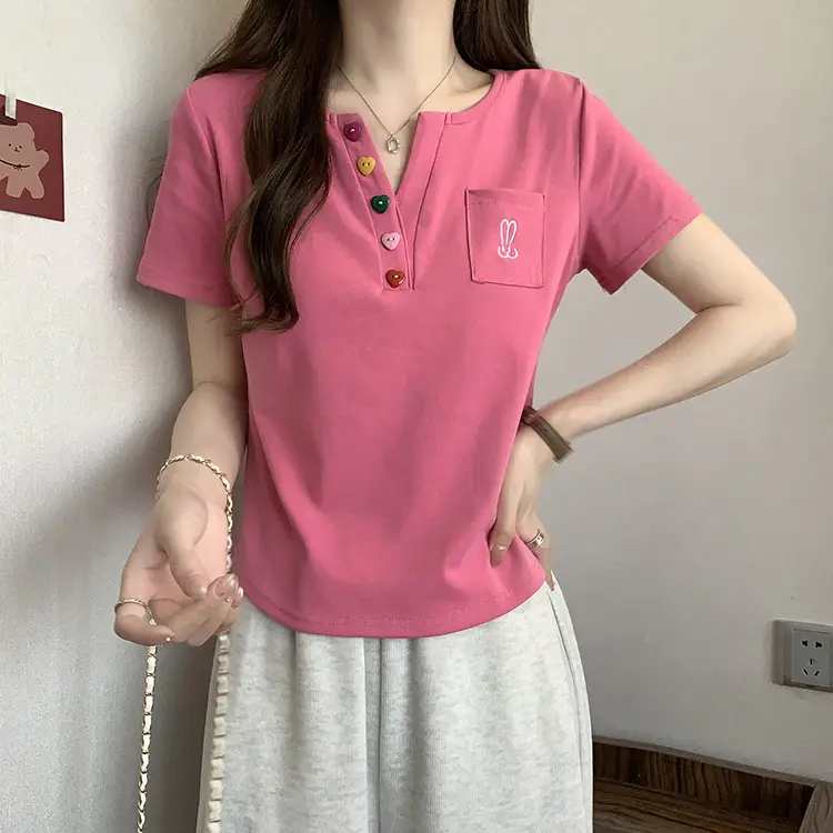 Plus Size Korean Style V Neck Right Shoulder Short-Sleeved T-Shirt for Women 2024 Summer New Fat mm Loose Short Top for Small People — feature 7