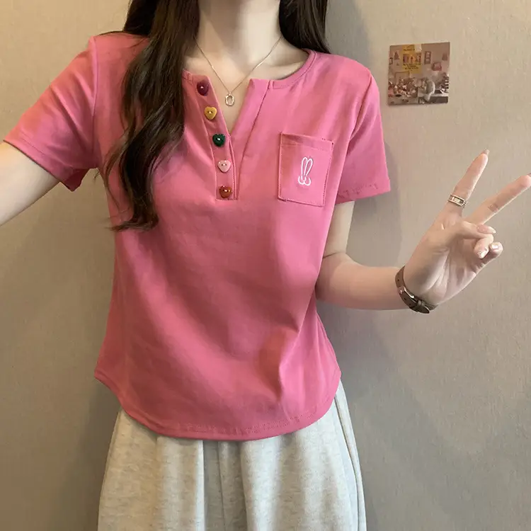 Plus Size Korean Style V Neck Right Shoulder Short-Sleeved T-Shirt for Women 2024 Summer New Fat mm Loose Short Top for Small People — feature 8