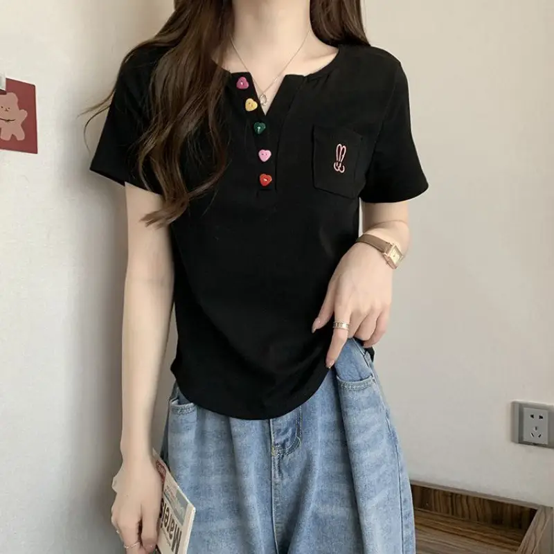 Plus Size Korean Style V Neck Right Shoulder Short-Sleeved T-Shirt for Women 2024 Summer New Fat mm Loose Short Top for Small People