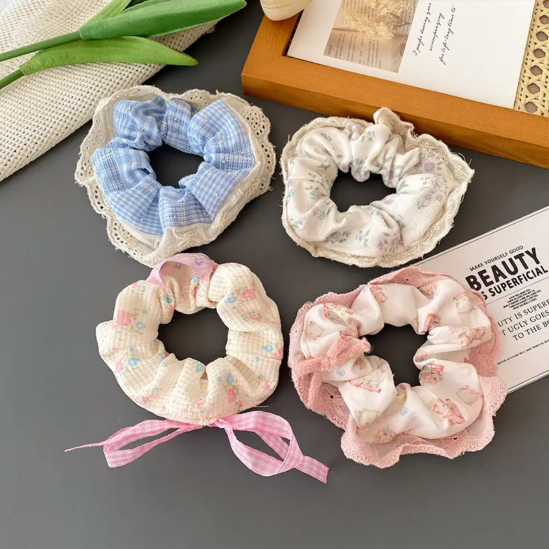 Korean-style Retro Knitted Hair Rings with Lace - Image 11