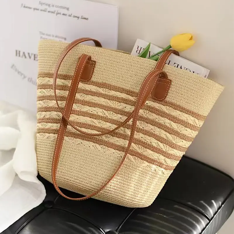 Women Straw Bag Large Capacity One Shoulder Bucket Bag - Image 8
