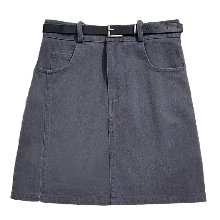 Gray A-Line Denim Skirt with Belt for Women
