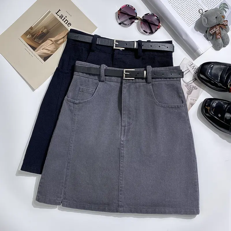 Gray A-Line Denim Skirt with Belt for Women — feature 1