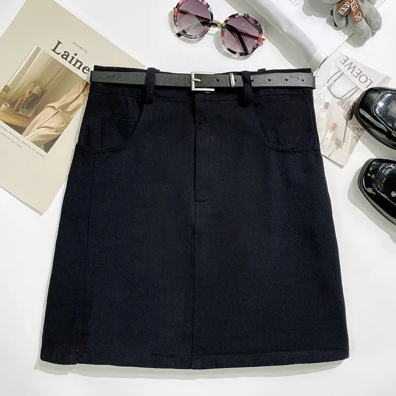 Gray A-Line Denim Skirt with Belt for Women — feature 11