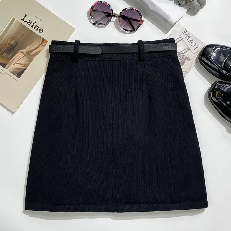 Gray A-Line Denim Skirt with Belt for Women — feature 12