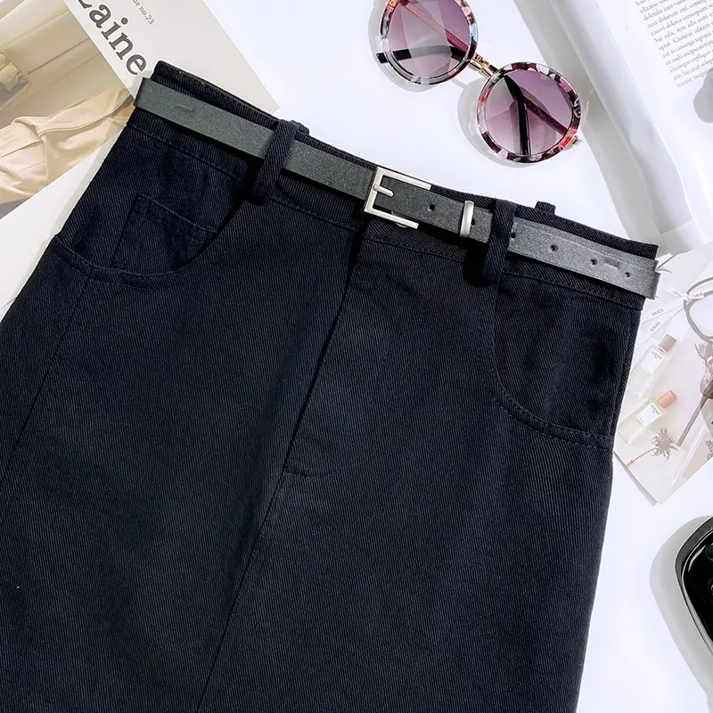 Gray A-Line Denim Skirt with Belt for Women — feature 5