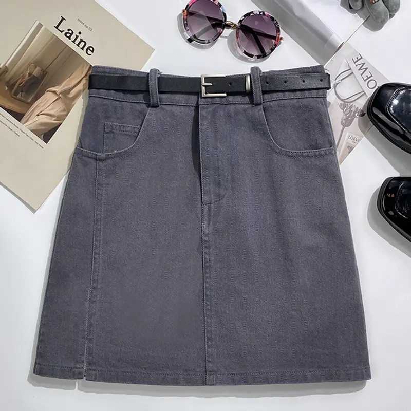 Gray A-Line Denim Skirt with Belt for Women