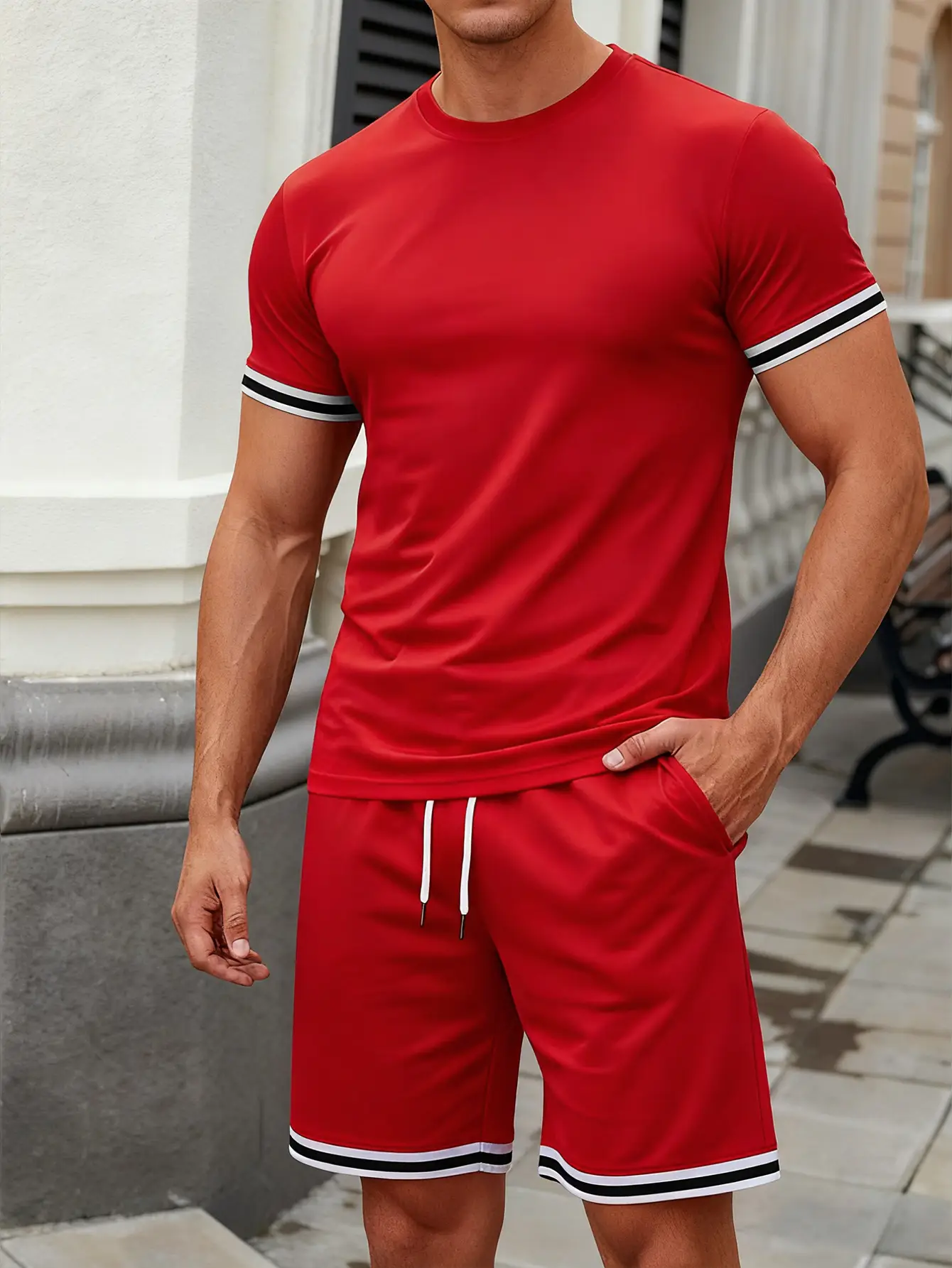 Men Grey Crossbody Shorts Set Summer Loose Sports Casual Round Neck - Image 4