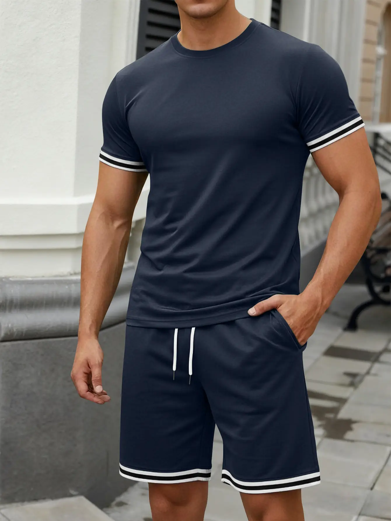 Men Grey Crossbody Shorts Set Summer Loose Sports Casual Round Neck - Image 6
