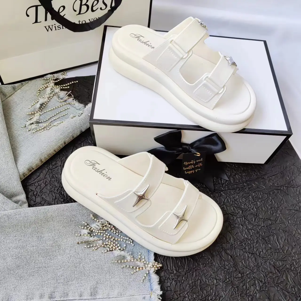 Women Cross Star Double Belt Slippers Cream 2024 - Image 6