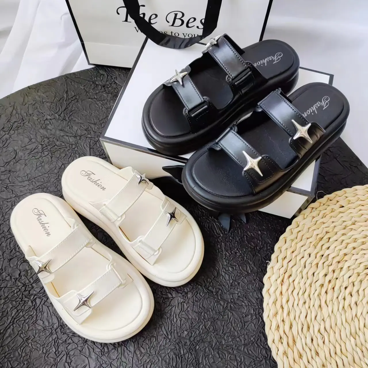 Women Cross Star Double Belt Slippers Cream 2024 — feature 1