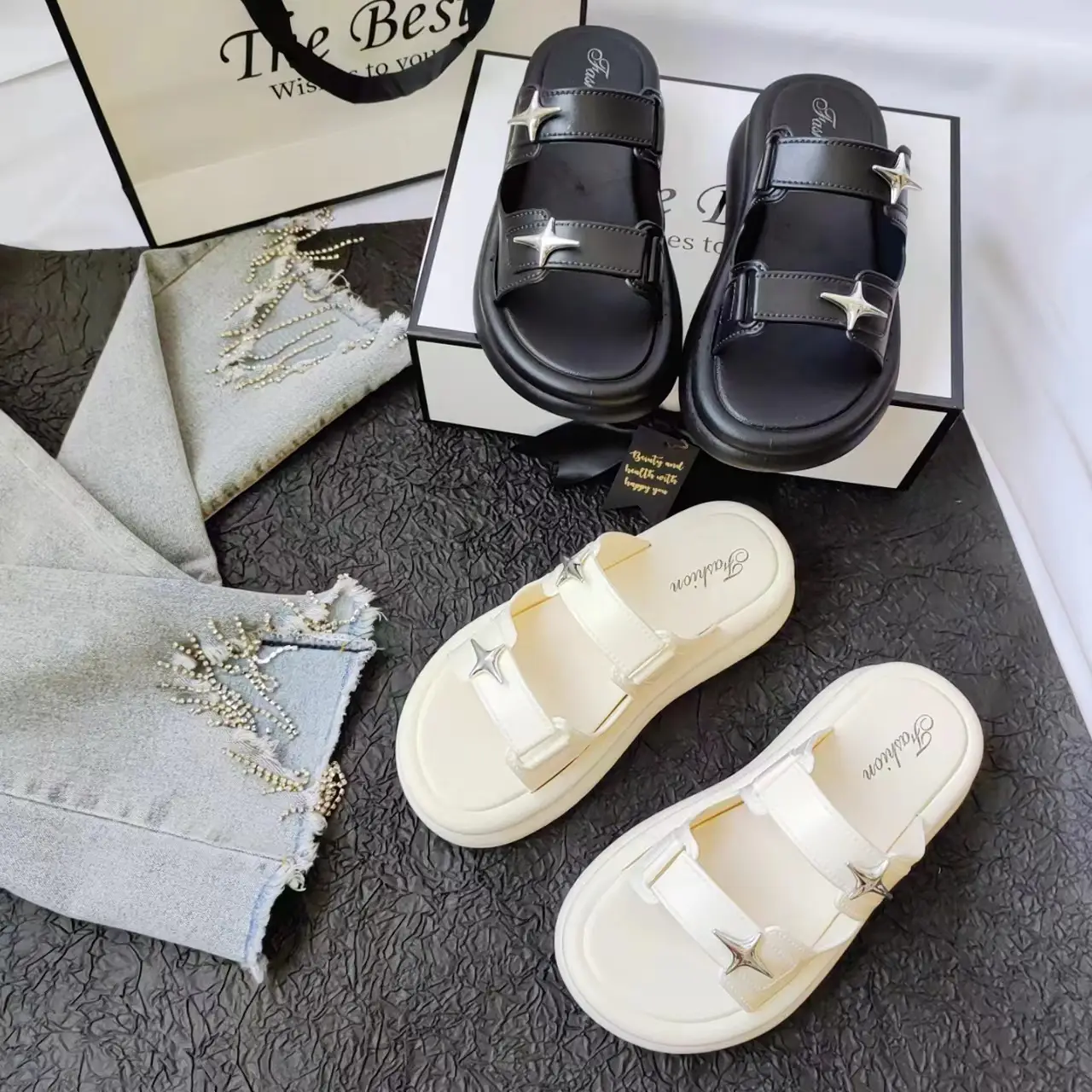 Women Cross Star Double Belt Slippers Cream 2024 — feature 2