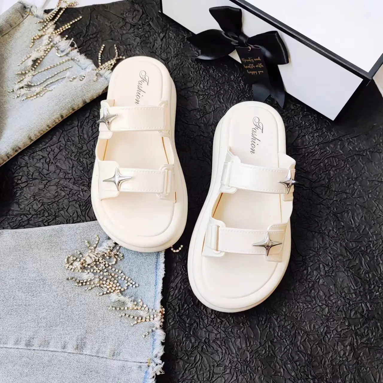 Women Cross Star Double Belt Slippers Cream 2024 — feature 5