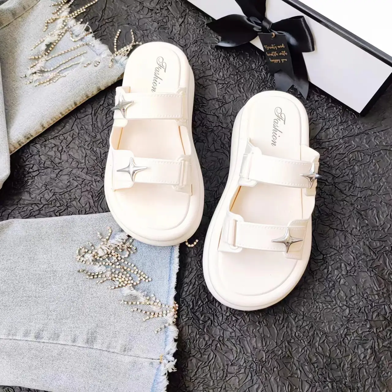 Women Cross Star Double Belt Slippers Cream 2024 — feature 6