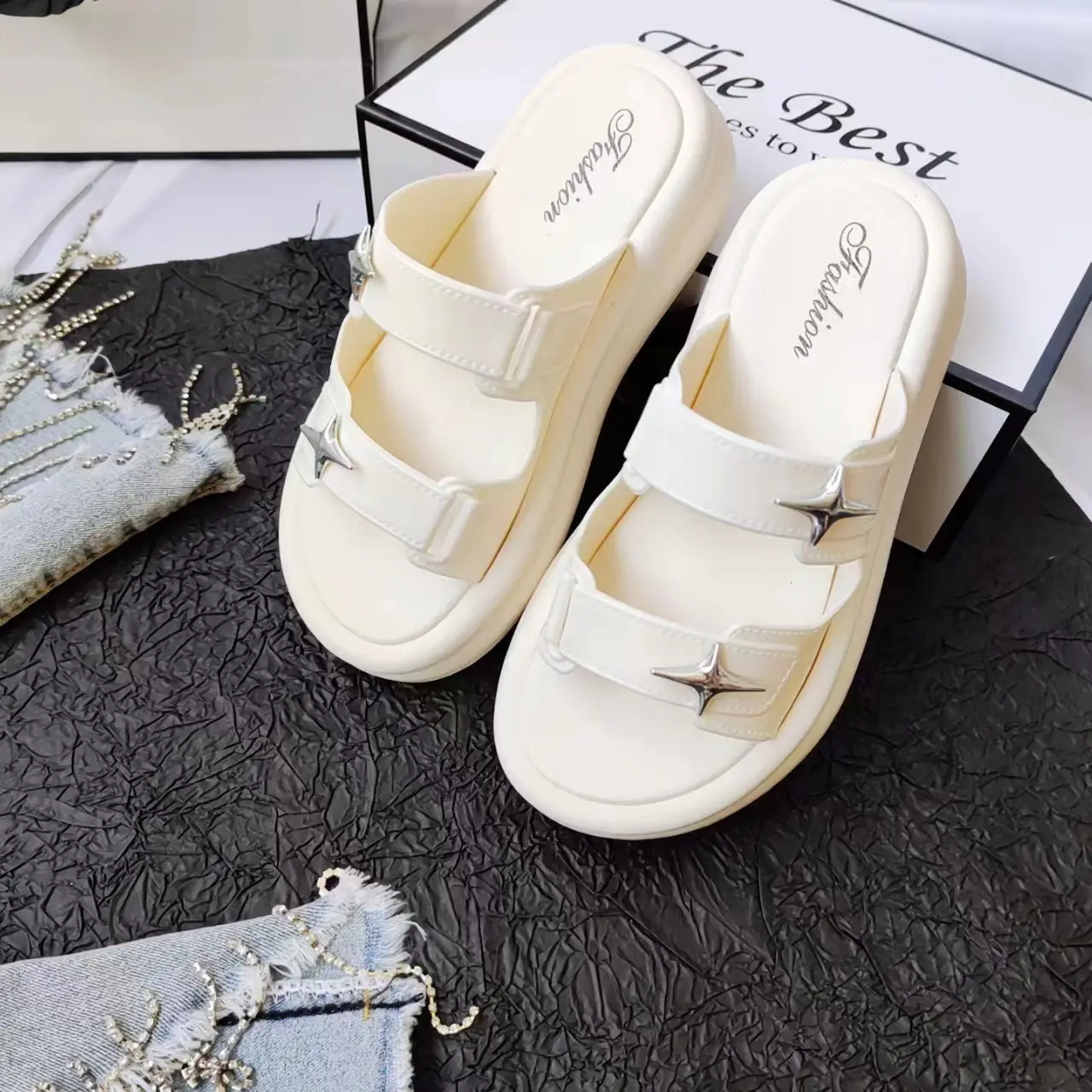 Women Cross Star Double Belt Slippers Cream 2024 — feature 7