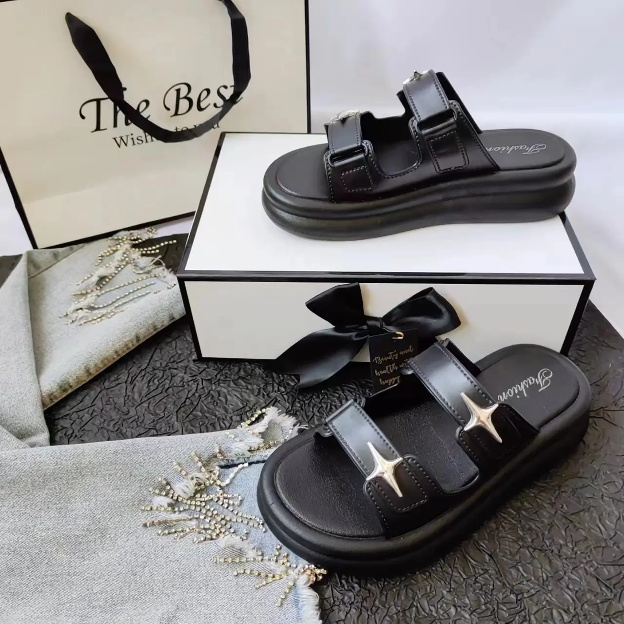 Women Cross Star Double Belt Slippers Cream 2024 — feature 9