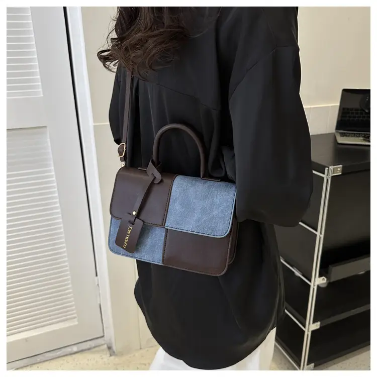 Textured Crossbody Bag Brown Blue Square Design — feature 11