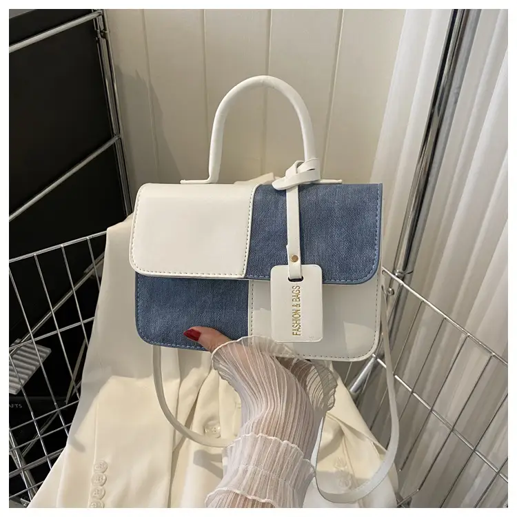 Textured Crossbody Bag Brown Blue Square Design - Image 2