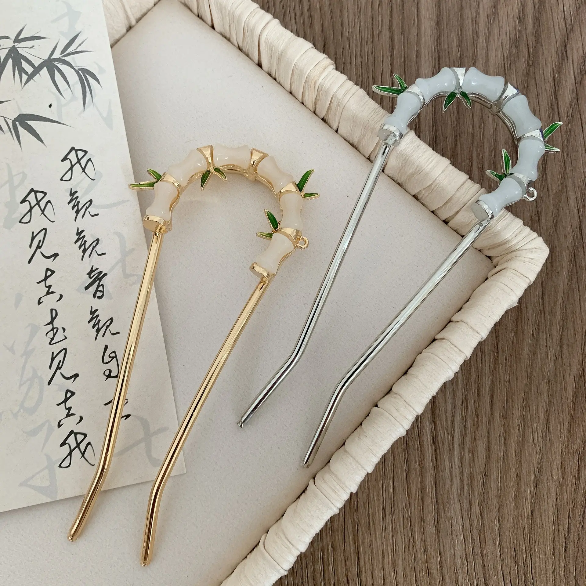 Women's U-shaped Hairpin with Bamboo Green Handles - Image 5