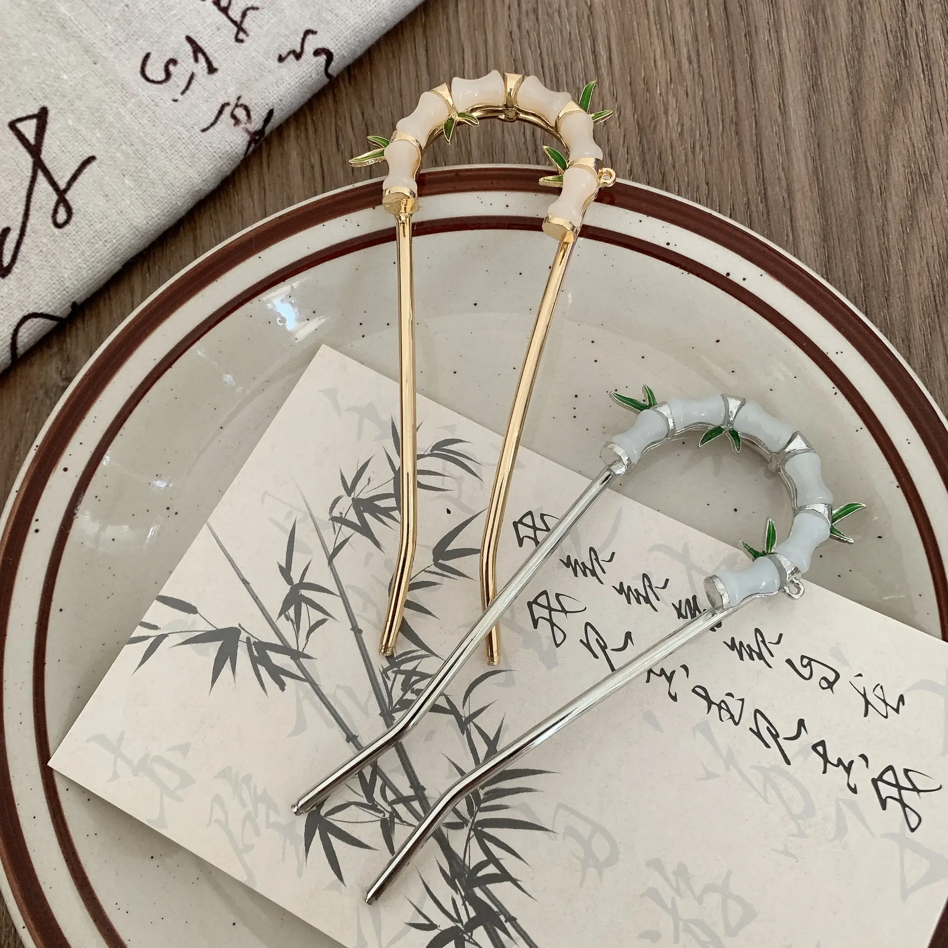 Women's U-shaped Hairpin with Bamboo Green Handles - Image 6