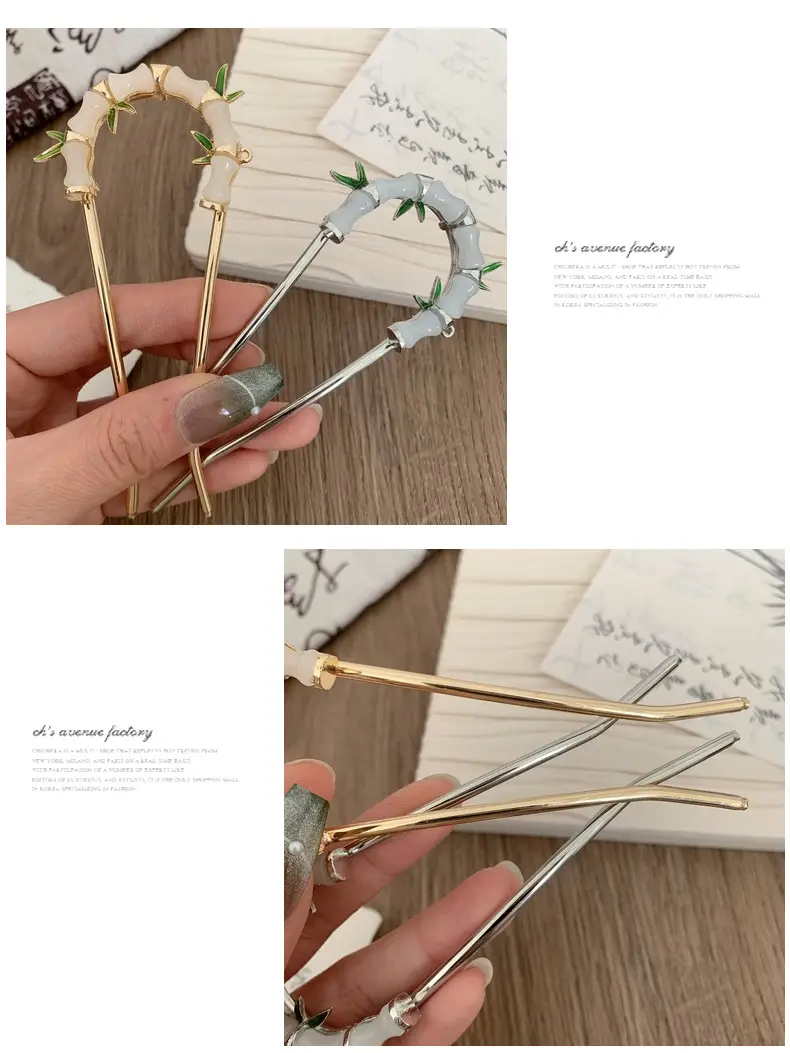 Women's U-shaped Hairpin with Bamboo Green Handles — feature 10