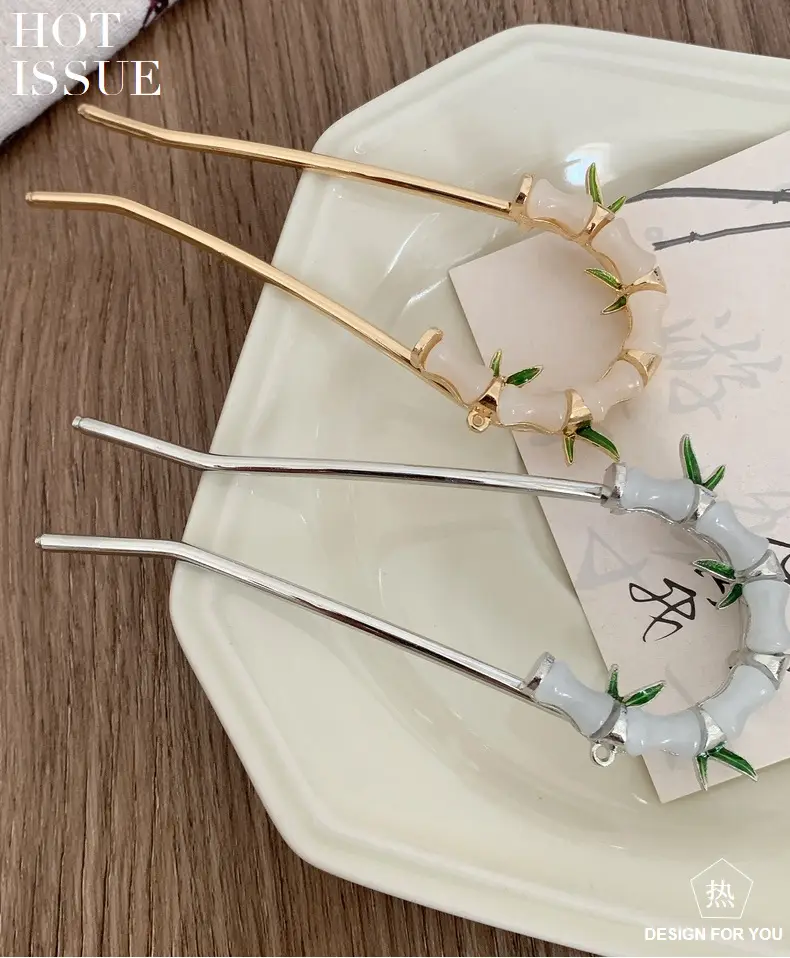 Women's U-shaped Hairpin with Bamboo Green Handles — feature 3