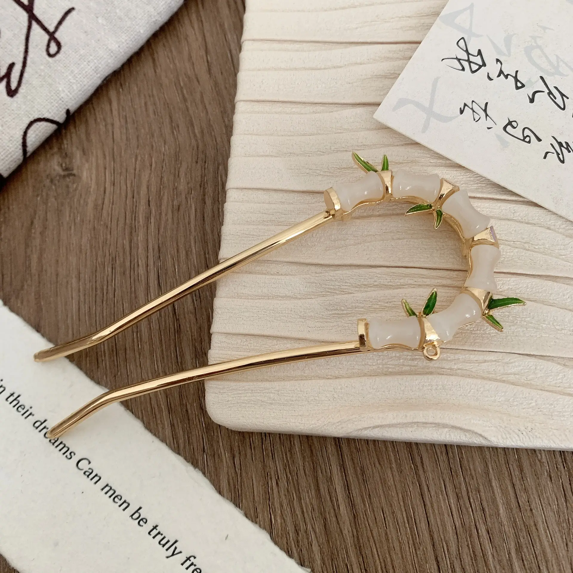 Women's U-shaped Hairpin with Bamboo Green Handles - Image 2