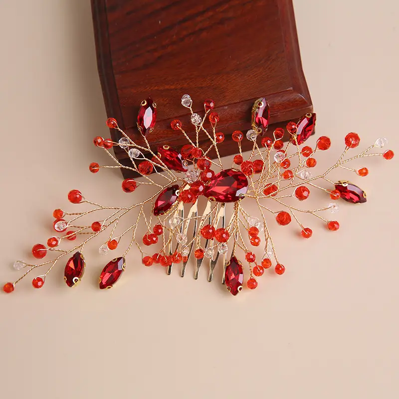 Red Crystal Flower Hair Comb for Bridal Crown - Image 8