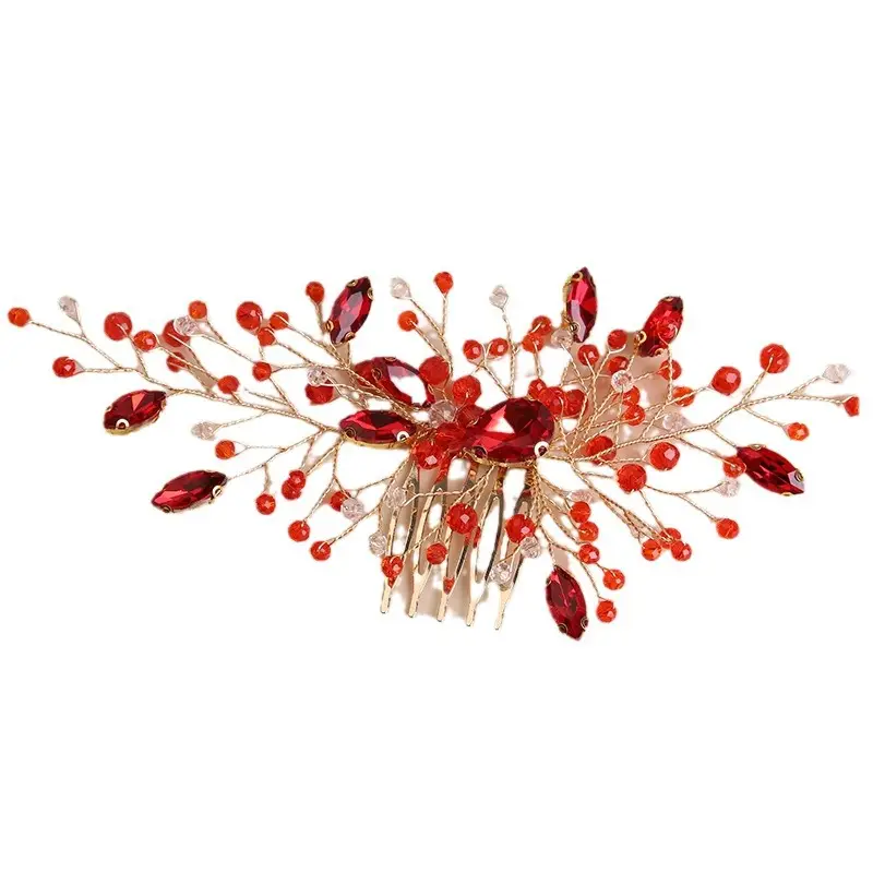 Red Crystal Flower Hair Comb for Bridal Crown - Image 9