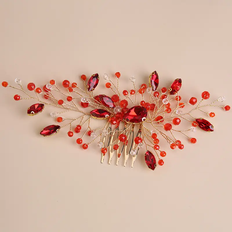 Red Crystal Flower Hair Comb for Bridal Crown - Image 3