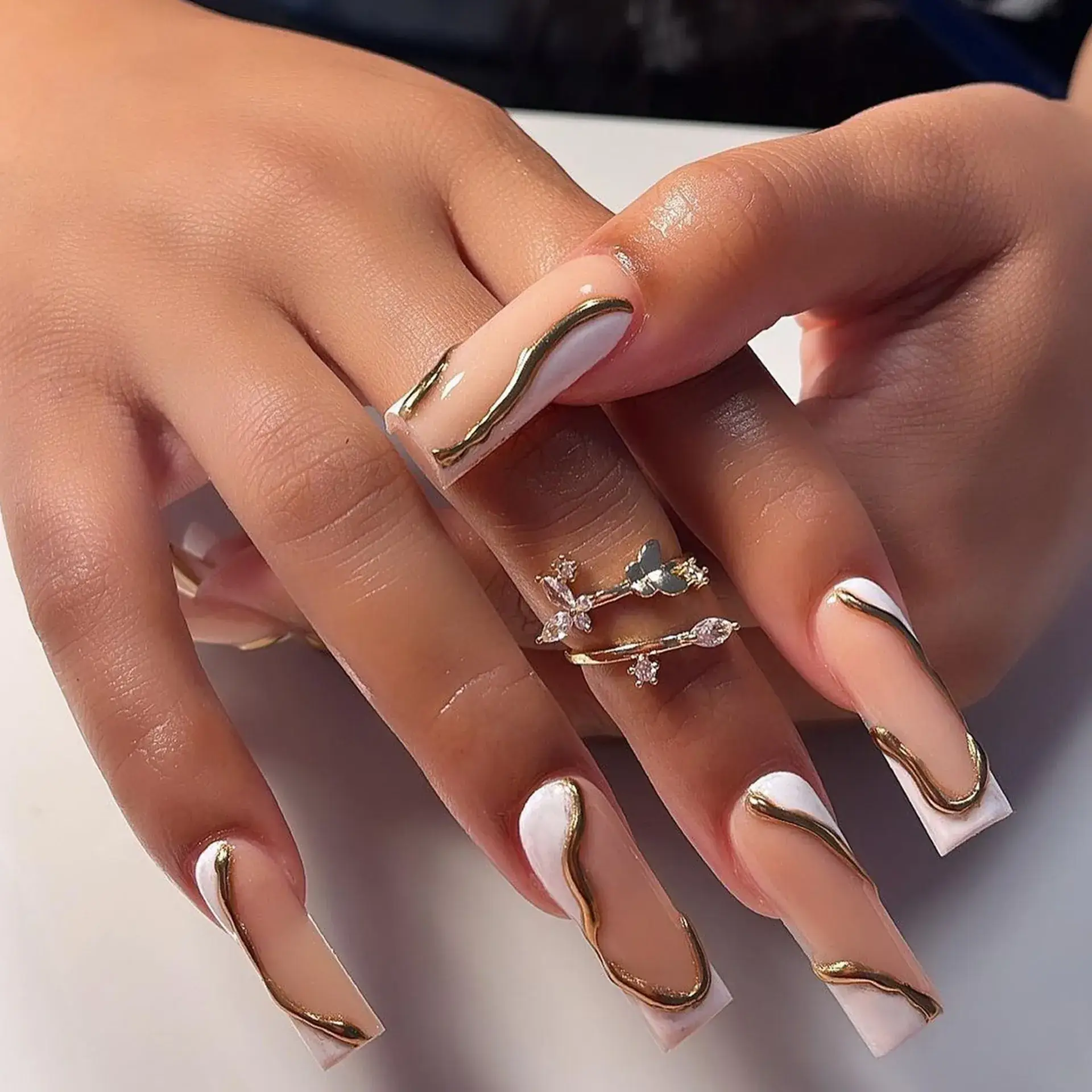 3D French White Nail Art Long White Wave Gold - Image 2