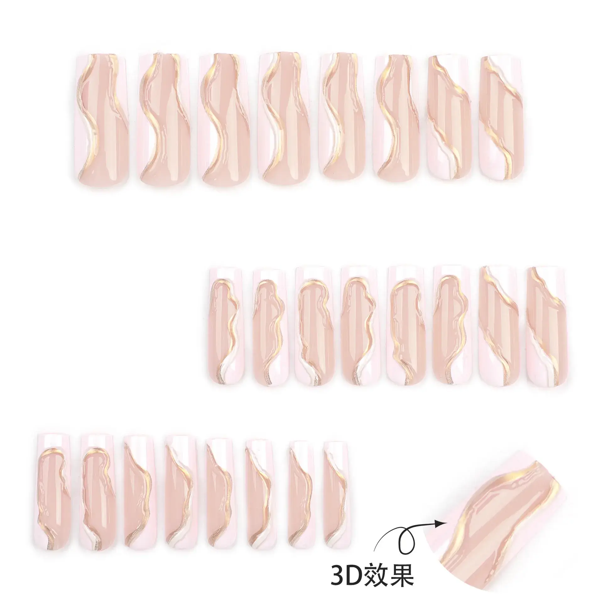 3D French White Nail Art Long White Wave Gold - Image 3