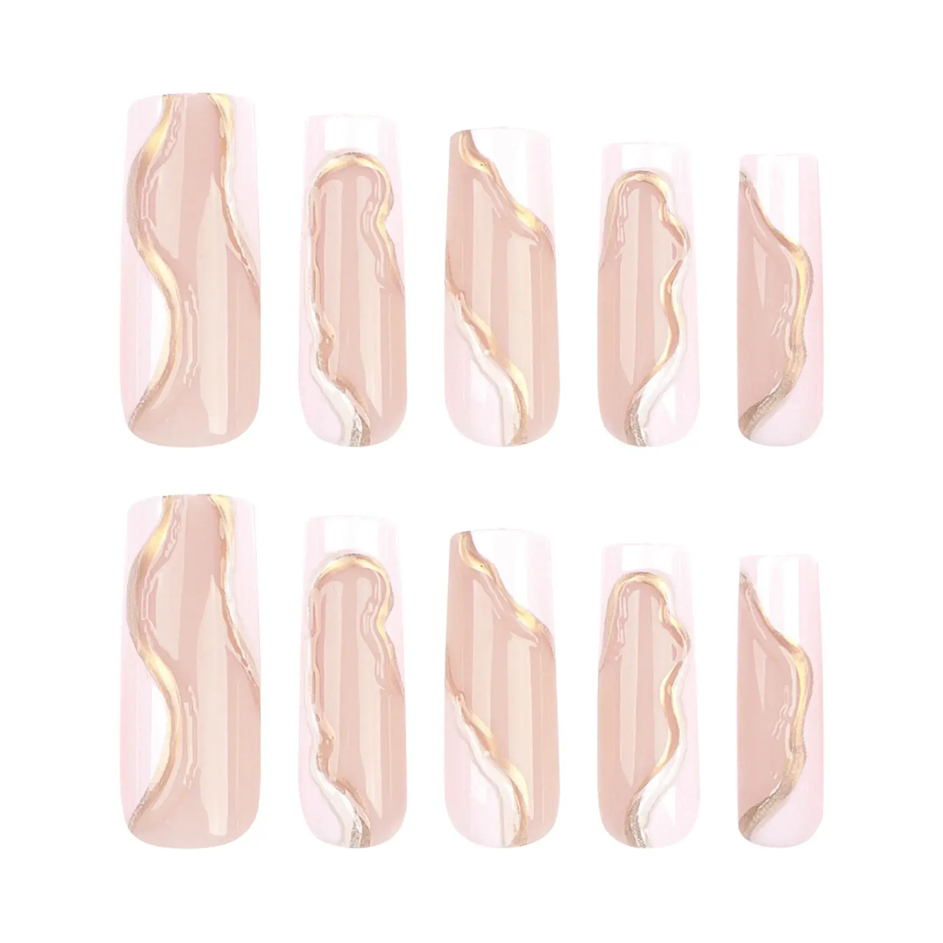 3D French White Nail Art Long White Wave Gold - Image 5
