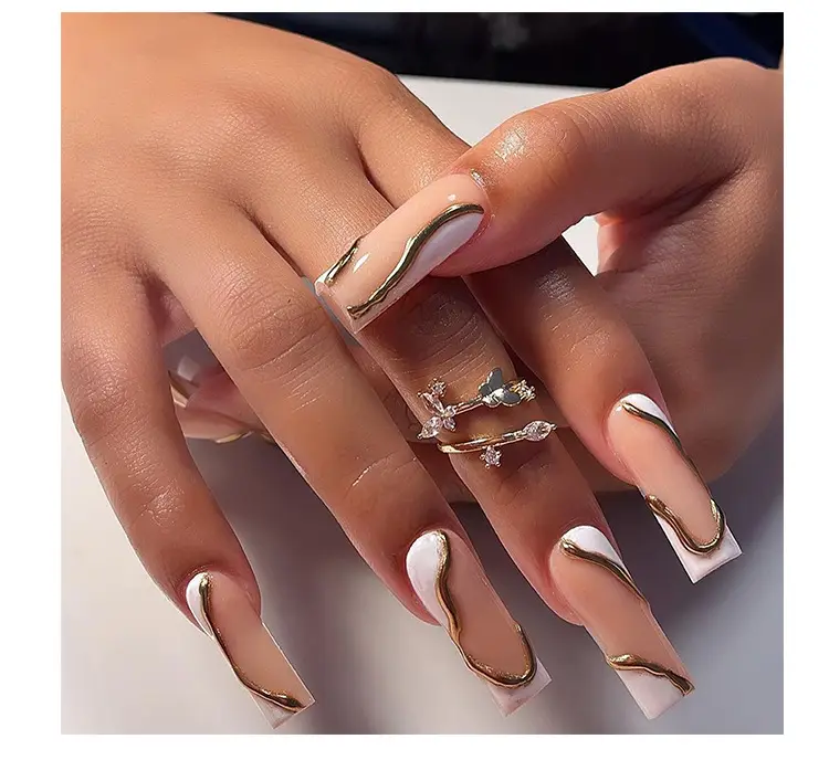 3D French White Nail Art Long White Wave Gold — feature 5