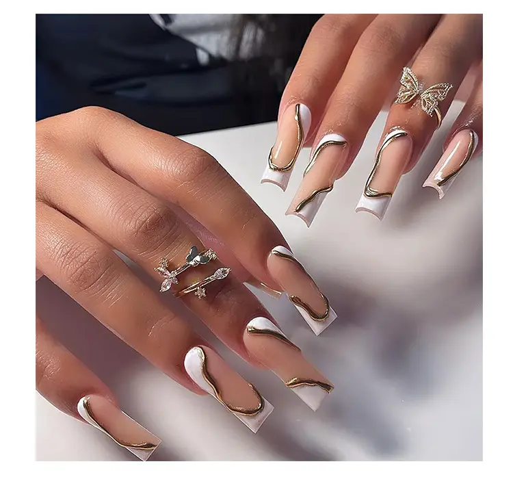 3D French White Nail Art Long White Wave Gold — feature 6
