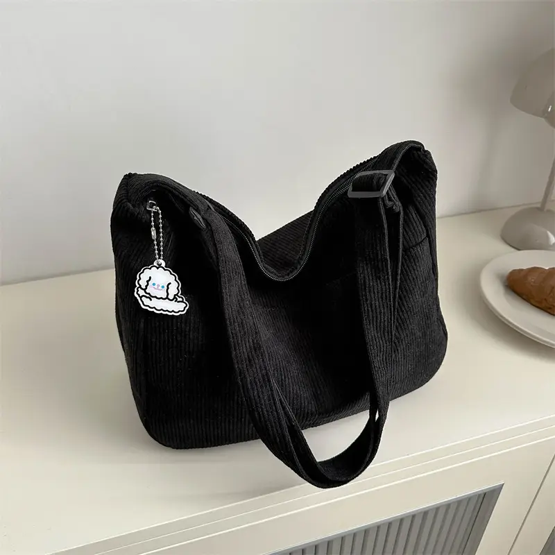 Black Knitted Shoulder Crossbody Bag with Charm - Image 9