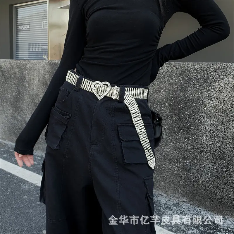 Women Rhinestone Belt Dress Pants Diamond Silver - Image 2