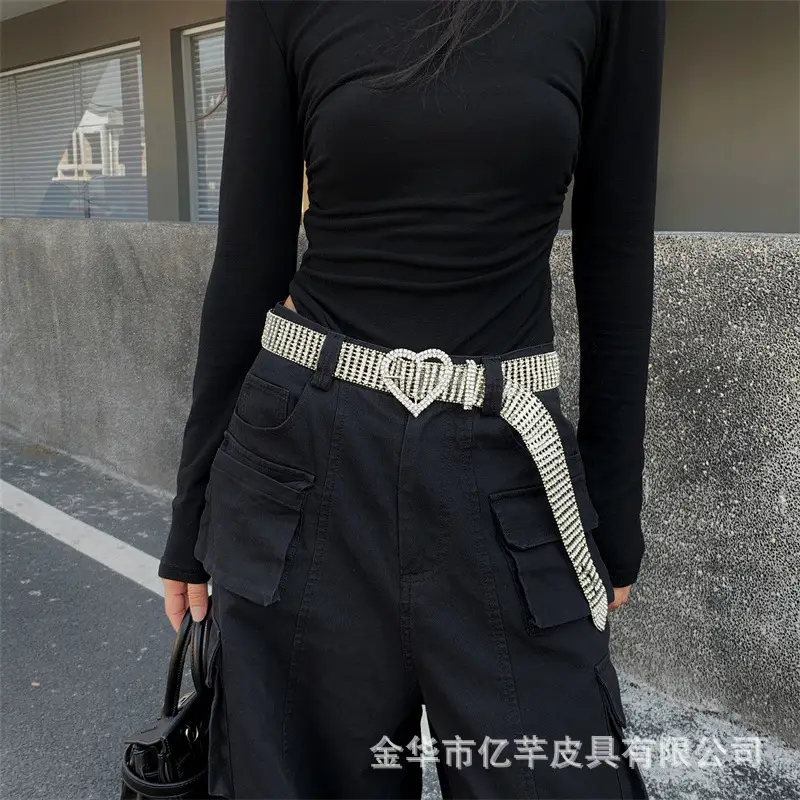 Women Rhinestone Belt Dress Pants Diamond Silver - Image 3