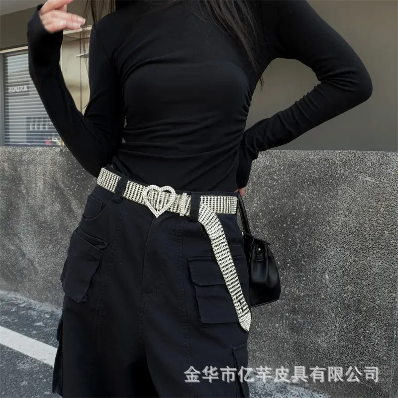 Women Rhinestone Belt Dress Pants Diamond Silver - Image 4