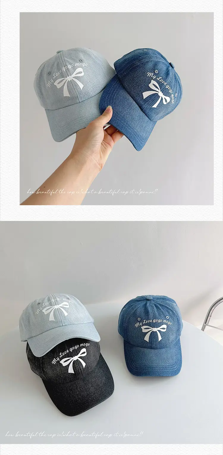 Kids Bow Letter Baseball Cap Light Blue Retro Wash — feature 26