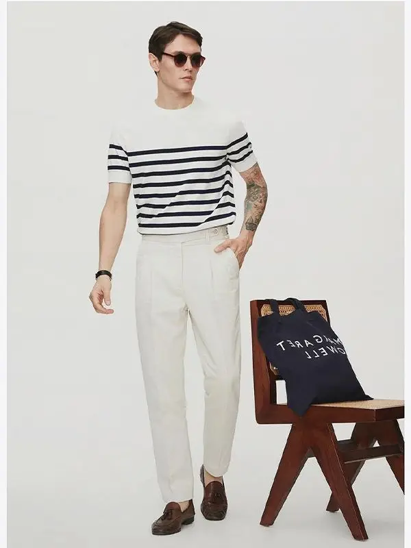 Men Striped Knitted T-shirt Casual Summer Wear