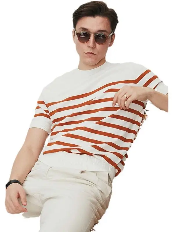 Men Striped Knitted T-shirt Casual Summer Wear