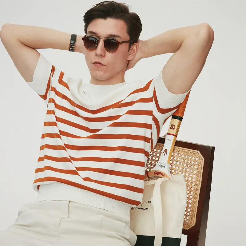 Men Striped Knitted T-shirt Casual Summer Wear