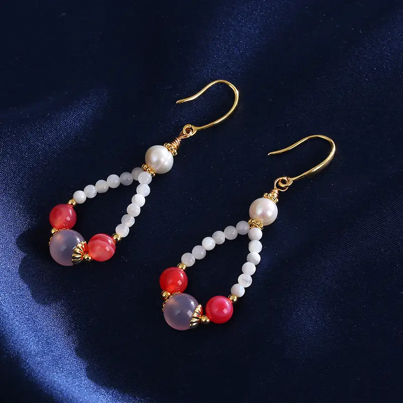 Natural Pearl Earrings Drop Shape Salt Source Agate Antique Gold - Image 2